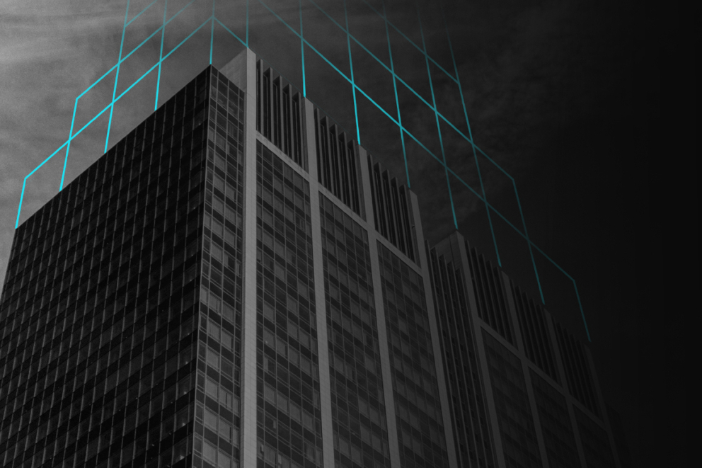 B&W pic of building, looking up, cyan lines continuing the building form upward.